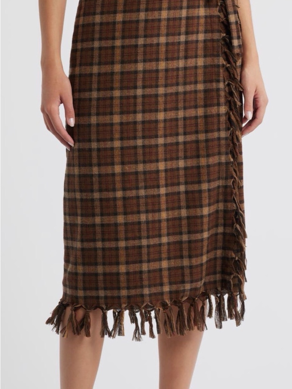 Doen Saskia Brown Plaid Fringe Midi Skirt